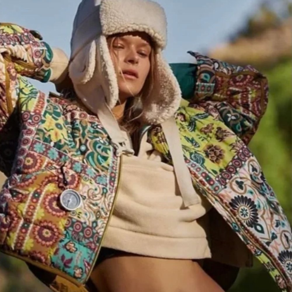 Free People Printed Pippa Packable Puffer Jacket Size Small Neon NWT